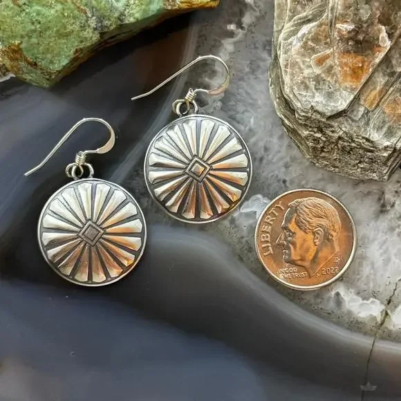 Native American Sterling Sunburst Round Concho Stamped Dangle Earrings For Women - Picture 9 of 10